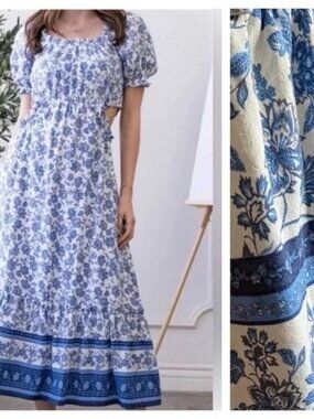 Anthropologie By The River Midi Dress Blue Floral Cutout Ruffle Tiered Cottage L